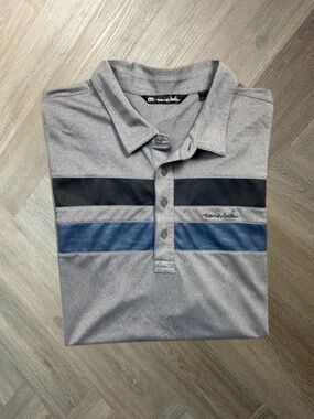 Travis Mathew Striped Preppy Tennis Golf Polo Shirt Mens XXL Gray Black Blue